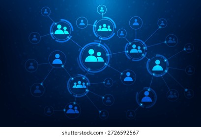 Menschen soziale Netzwerk Kommunikationstechnologie blauer Hintergrund. Globale Netzwerkverbindung. Person, die ein Vorstellungsgespräch anstellt. Vektorgrafik fantastische Technologie.