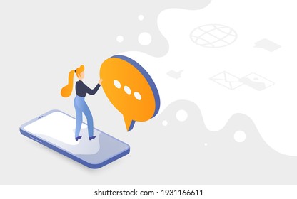 People in social network concept isometric vector illustration. Cartoon woman character networking, standing on big smartphone screen, with big message bubble with text comment, online communication