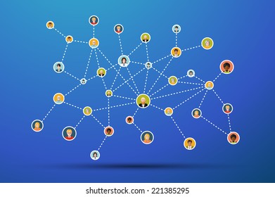 People in social network flat illustration on blue background