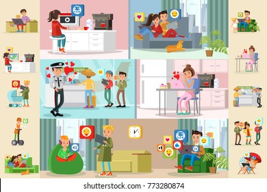 People and social network horizontal brochures with different types of web communication and internet activities vector illustration