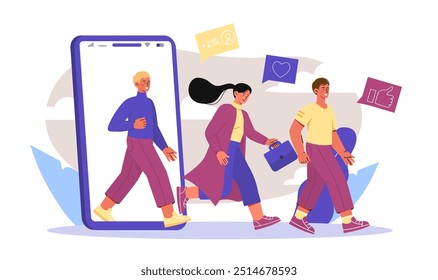 Pessoas em redes sociais. Homens e mulheres na tela do smartphone com curtidas, comentários e reações. Promoção em mídias sociais e mensageiros. Ilustração de vetor plano isolada no plano de fundo branco