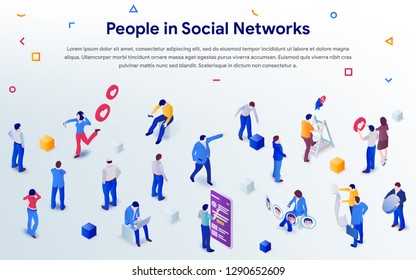People in social networks 2019. Mix of different men and women in crowd on white background. 3d isometric promotion business concept. Communication addiction. Vector illustration for web or poster