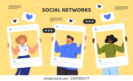People in social networks concept. Men and women in fasting. Communication on Internet, dialogues in instant messengers. Distance online communication. Cartoon flat vector illustration