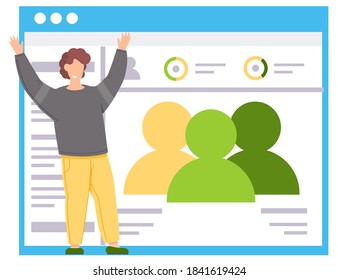 People and society on the poster on the background. Smiling guy happily raises his hands up. Statistics and analytics on the billboard. Male marketer working with project. Promoter advertises the ad
