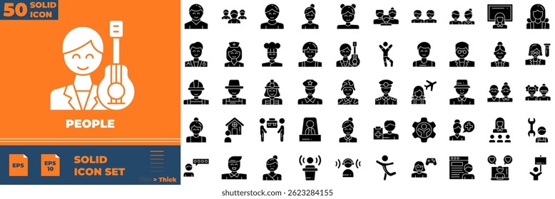 Pessoas Ícones editáveis sólidos definidos. Ilustração vetorial em estilo sólido fino moderno de ícones de pessoas: família, humano, equipe, etc