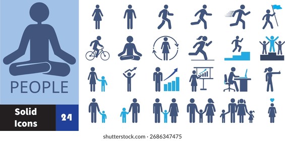 Personas Solid Icons Pack, Negocio, Familia, Fitness, Oficina, Estilo de vida Conjunto de Vector 24 Iconos Azul