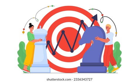 People with solutions strategy concept. Man and woman with chess pieces on background of goal. Leadership and vision for future. Business project and start up. Cartoon flat vector illustration
