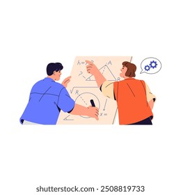 People solve geometry in teamwork. Students write with marker, drawing geometric shapes on whiteboard together. Person pointing at math solution. Flat isolated vector illustration on white background