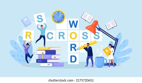 People Solve Huge Crossword Filling Empty Boxes With Letters. Tiny Characters With Pencil Solve Puzzle. Brain Training, Logic Game. Woman And Man Thinking On Riddle. Spare Time Recreation