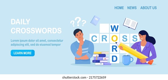 People Solve Huge Crossword Filling Empty Boxes with Letters. Tiny Characters with Pencil Solve Puzzle. Brain Training, Logic Game. Woman and Man Thinking on Riddle. Spare Time Recreation