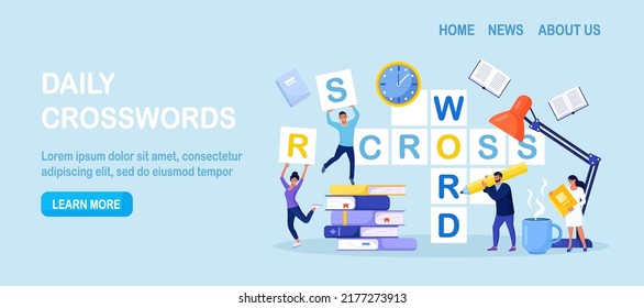 People Solve Huge Crossword Filling Empty Boxes With Letters. Tiny Characters With Pencil Solve Puzzle. Brain Training, Logic Game. Woman And Man Thinking On Riddle. Spare Time Recreation