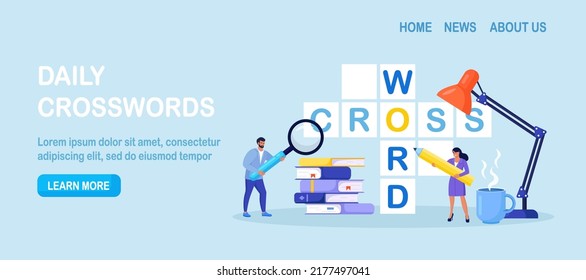 People Solve Huge Crossword Filling Empty Boxes with Letters. Tiny Characters with Pencil Solve Puzzle. Brain Training, Logic Game. Woman and Man Thinking on Riddle. Spare Time Recreation