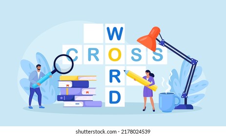 People Solve Huge Crossword Filling Empty Boxes with Letters. Tiny Characters with Pencil Solve Puzzle. Brain Training, Logic Game. Woman and Man Thinking on Riddle. Spare Time Recreation