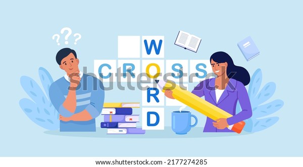 People Solve Huge Crossword Filling Empty\
Boxes with Letters. Tiny Characters with Pencil Solve Puzzle. Brain\
Training, Logic Game. Woman and Man Thinking on Riddle. Spare Time\
Recreation