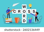 People Solve Huge Crossword. Tiny Characters with Pencil Solve Puzzle. Brain Training, Logic Game. Woman and Man Thinking on Riddle. Spare Time Recreation