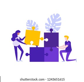 People solve puzzle. Teamwork, brainstorming and business solution concept, vector illustration 