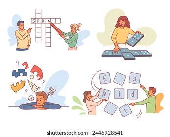 People solve puzzles. Personality hobbies, happy men and women solve crossword, collect figures, make up words and play dominoes, Logic games, cartoon flat style isolated vector set