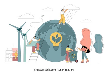 La gente está resolviendo problemas ambientales, reciclando desechos, salvando el planeta, usando formas alternativas de energía. Ilustración aislada del vector