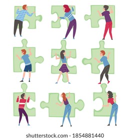 People Solving Jigsaw Puzzles Set, Persons Trying to Connect Green Puzzle Elements Cartoon Style Vector Illustration