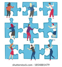 Menschen, die Jigsaw-Puzzles-Set lösen, Rückseite Ansicht von Männern und Frauen, die versuchen, Blue Puzzle Elements-Cartoon-Stil Vektorgrafik verbinden