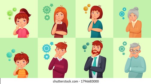 People solving problem or thinking serious decision. Kid or children teenagers. Office workers generating idea, brainstorming. Old grandparents, elderly cartoon people vector illustration