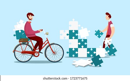 People Solving Puzzle. Jigsaw Pieces Team Building Concept with Man on Bicycle.