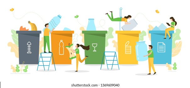 People sort garbage by type into containers for recycling. Organic, plastic, glass, metal and paper waste. Ecology concept. Flat vector illustration.