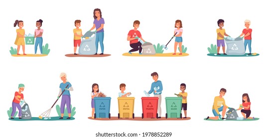 People sort garbage. Kids with parents clean up trash. Characters put rubbish in containers or bags for litter. Families take care of nature and ecology. Vector persons collect waste