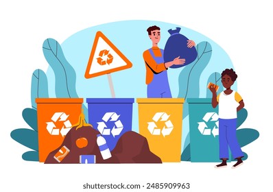 People sort garbage. Men near colorful containers for separate waste collection. Zero waste, recycling and reuse. Eco activists and volunteers. Cartoon vector illustration isolated on white background