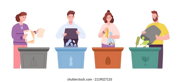 People sort garbage. Recycle trash, ecology environment, collect rubbish food plastic organic paper cardboard, reuse container, dustbin litter, cartoon splendid vector illustration segregation