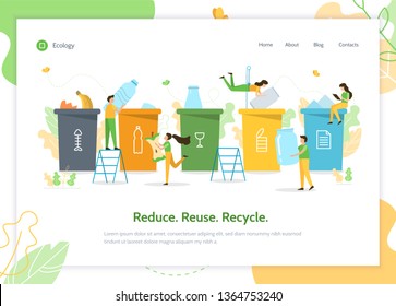 People sort plastic, metal, glass, paper and organic waste for recycling. Landing page design template. Flat vector illustration.