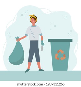People sort plastic waste.Environmental characters sort waste. A girl with an eco-friendly bag and a reusable bowl. Vector illustration