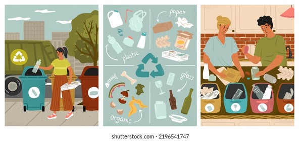 People sort trash for recycle concept vector posters set. Family separate grabage  in different waste bin. Plastic bottle, organic waste, paper, glass