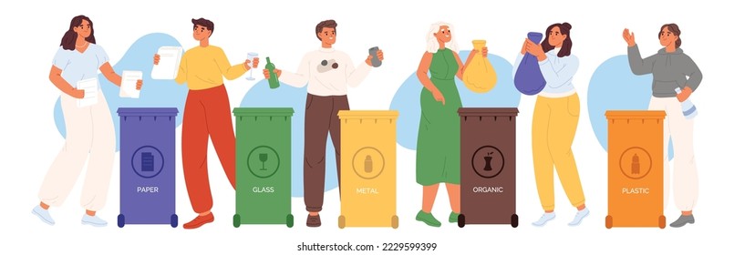 People sort waste, collecting plastic, paper and glass trash into recycling garbage bin. Women and men taking out the garbage. Waste sorting concept. Flat cartoon vector illustration