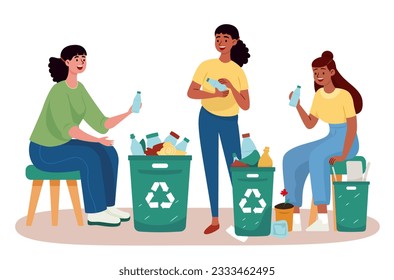 People are sorting bottles, cardboard paper, and other, Waste sorting into recycling bins, save the earth, flat Style cartoon vector 