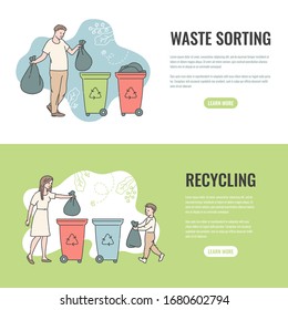 People sorting garbage in containers for recycling. Vector social eco-friendly web banner sketch line illustrations.