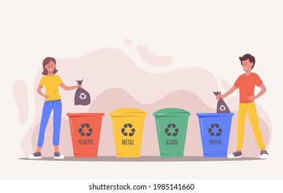 Leute sortieren den Müll. Herzlichen Glückwunsch an Menschen und Frauen, die sich um die Umwelt kümmern und Müll in Müllcontainer, Müllcontainer oder Müllcontainer zur Wiederverwertung und Wiederverwendung legen. Nullabfallkonzept