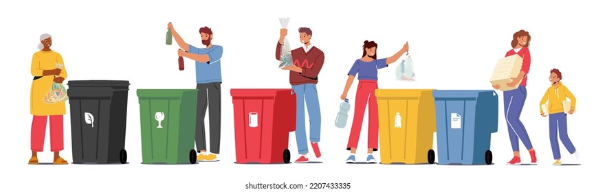 People Sorting Garbage into Different Containers for Separation. Adults and Kids Collect Litter to Recycle Bins, Solution for Environment Pollution, Trash Recycling. Cartoon Vector Illustration