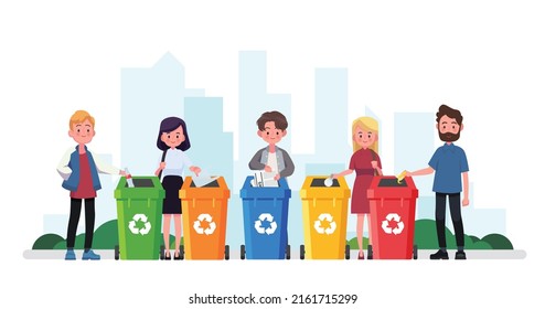 People sorting garbage into recycle bins