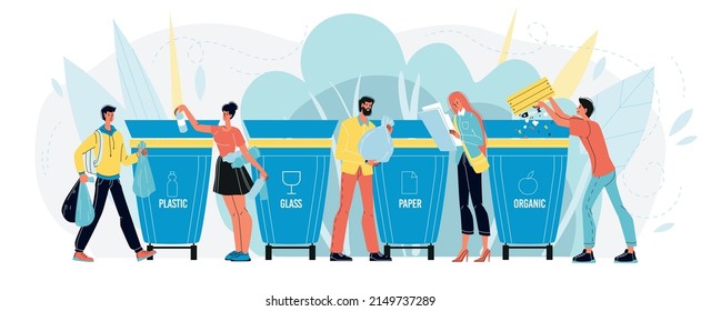 People sorting garbage putting rubbish in trash bin container for collection and recycling