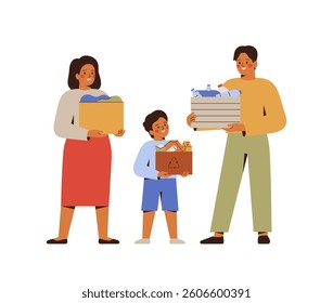 People sorting garbage for recycling. Asian Family hold boxes with paper, plastic, textile for utilization. Separation trash concept. Sustainable lifestyle and eco friendly habits. Vector