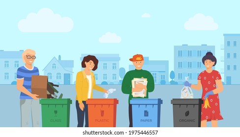 People sorting garbage for recycling in city street. Responsible men and women stand near dustbin and utilize trash and rubbish in different containers for waste utilization. Stop pollution vector