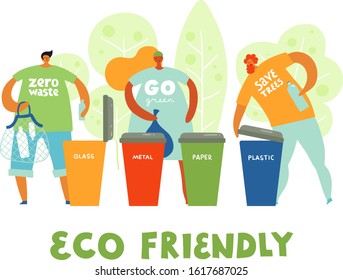 People sorting garbage for recycling in different trash containers. Recycle garbage to save our planet. Banner, web, poster, template for web advertising. Eco illustration, white background, isolated.