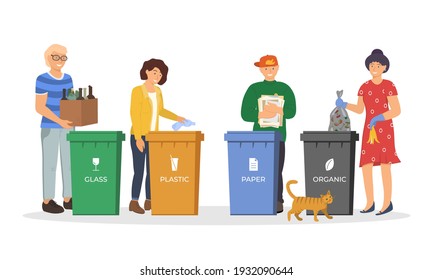 Gente clasificando basura para reciclarla. Hombres y mujeres responsables parados cerca del basurero y utilizan basura y basura en diferentes contenedores para la utilización de desechos. Concepto de medidas ambientales y ecológicas