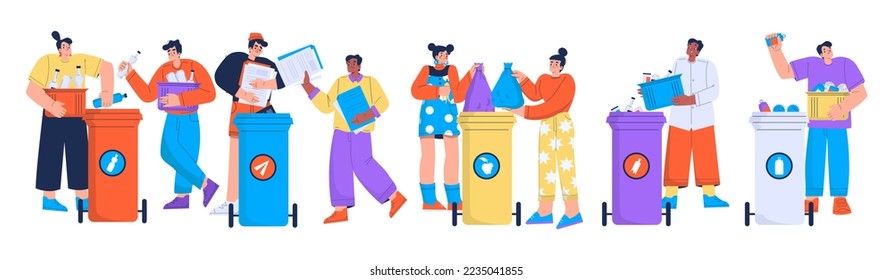 People sorting garbage for recycling. Responsible men and women throw trash and rubbish into separated dustbin containers for waste utilization. Environment eco concept Linear flat vector illustration