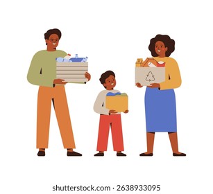 People sorting garbage for recycling.Black Family hold boxes with paper, plastic, textile for utilization. Separation trash concept. Sustainable lifestyle and eco friendly habits. Vector