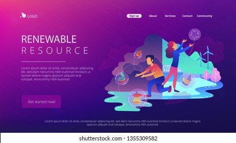 People sorting garbage try to reach zero waste. Technology of ecological waste free journey focusing on landfill trash. Renewable resource landing page. Vector illustration on ultraviolet background