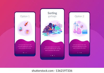 People sorting garbage try to reach zero waste. Technology of ecological waste free journey focusing on landfill trash. Renewable resource landing page. Mobile UI UX GUI template, app interface