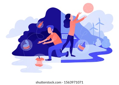 People sorting garbage trying to reach zero waste. Technology of ecological waste free journey focusing on landfill trash. Renewable resource concept, pinkish coral blue palette. Vector illustration