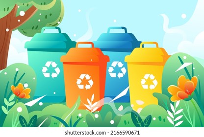 People are sorting garbage with various plants and buildings in the background, vector illustration